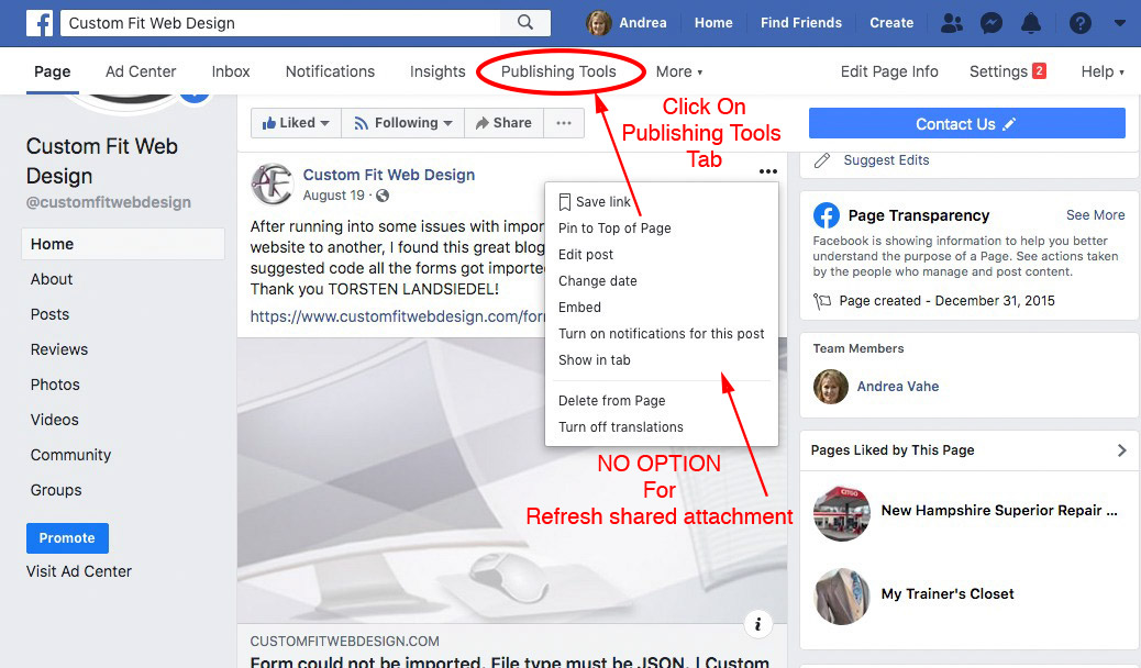 published facebook post with no option for refresh shared attachment